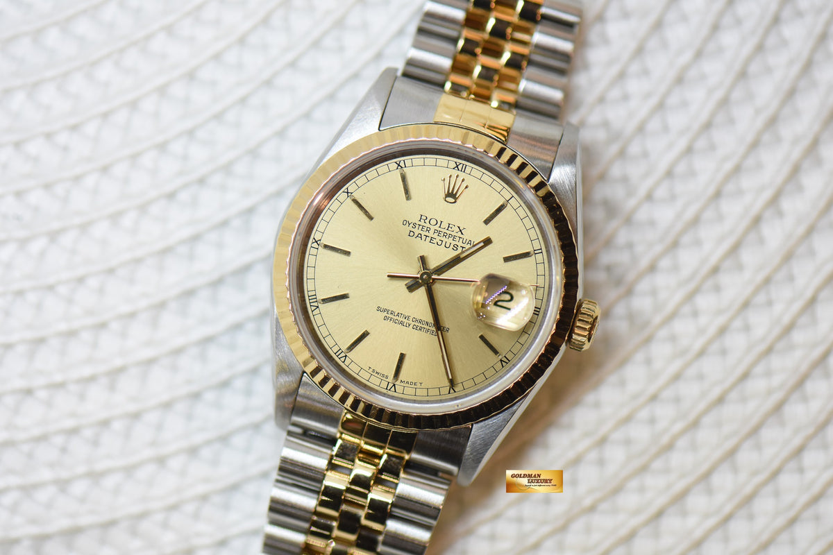 [SOLD] ROLEX OYSTER DATEJUST 36mm HALF-GOLD IN JUBILEE BRACELET GOLD DIAL 16233 (QUICKSET-DATE) (MINT)