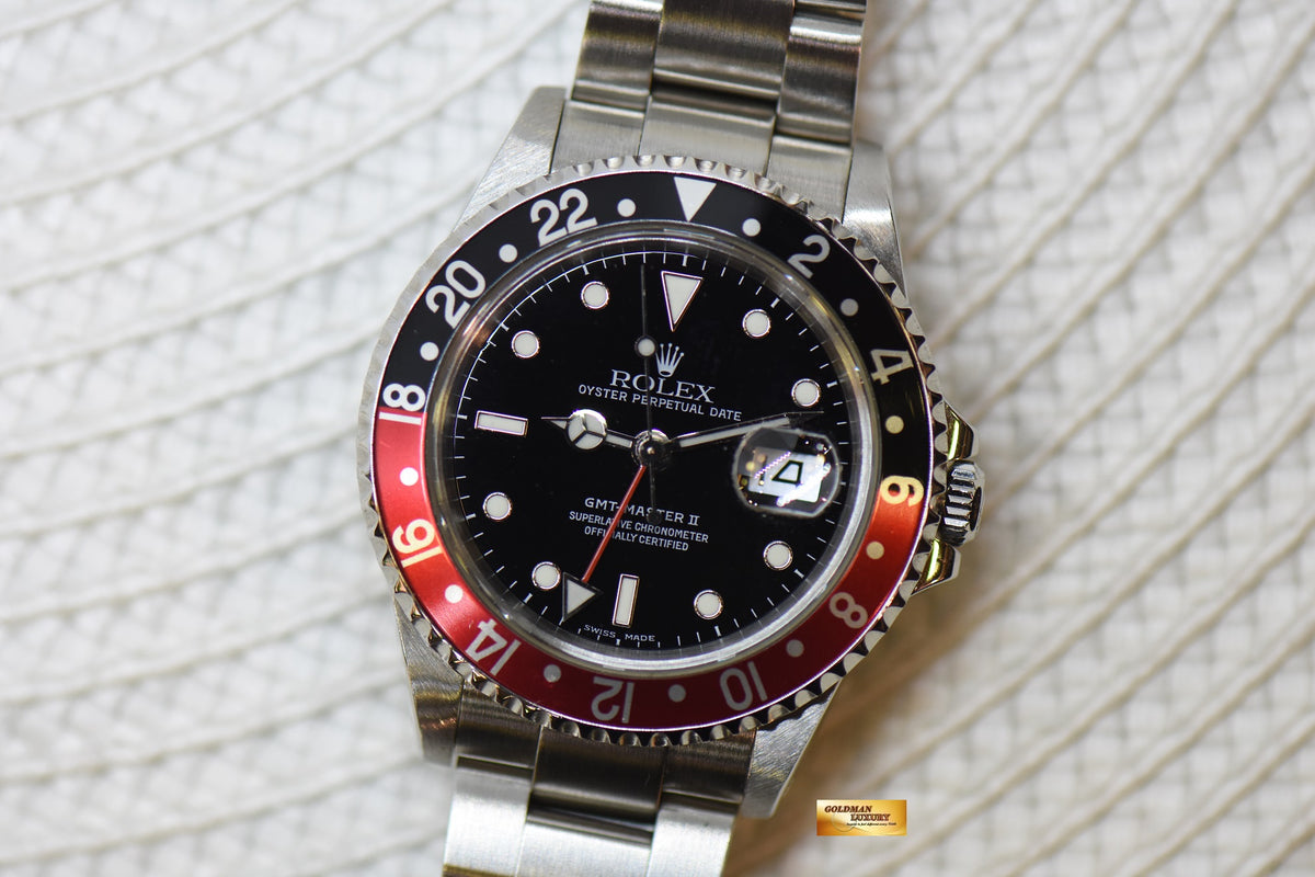 [SOLD] ROLEX OYSTER PERPETUAL GMT-MASTER II 40mm RED/BLUE COKE BEZEL STEEL OYSTER BRACELET 16710 (MINT)