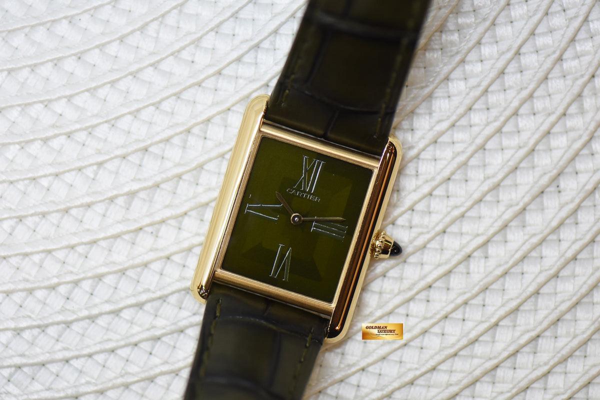 [SOLD] CARTIER TANK LOUIS CARTIER YELLOW GOLD IN LEATHER LARGE MODEL MANUAL WINDING GREEN DIAL JAPAN LIMITED 50Pcs ONLY WGTA0117 (LNIB)